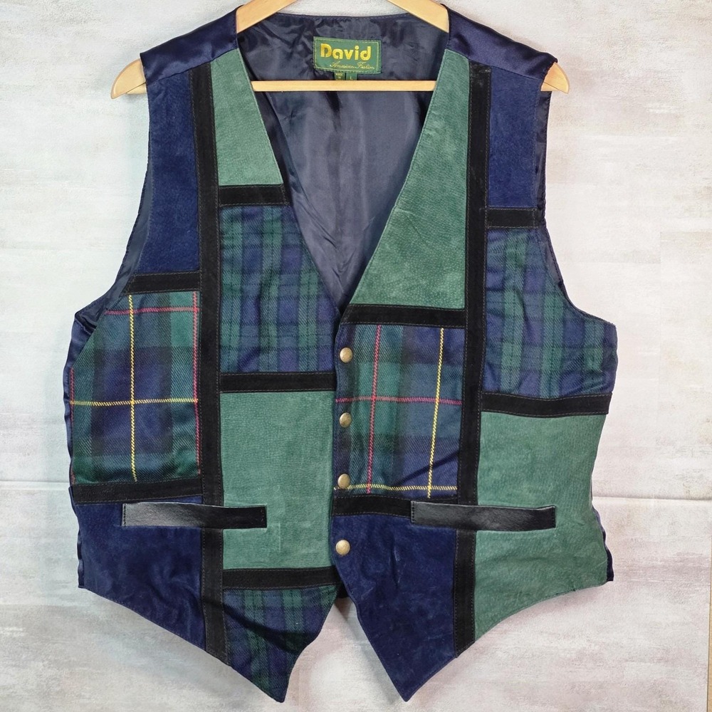 VTG 90s David patchwork Men Vest Large green blue tartan Leather plaid Hippie